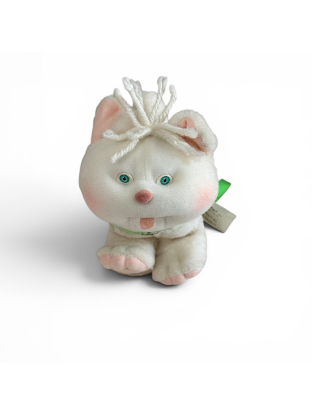 Vintage 80s Cabbage Patch Kids plush pet cat white with green leash
